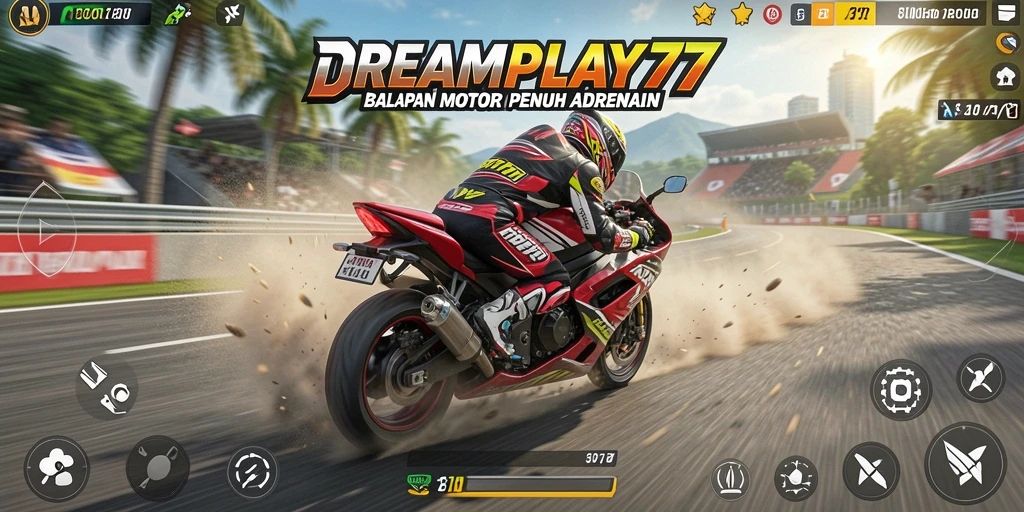 Screenshot dari gameplay balapan motor penuh aksi.