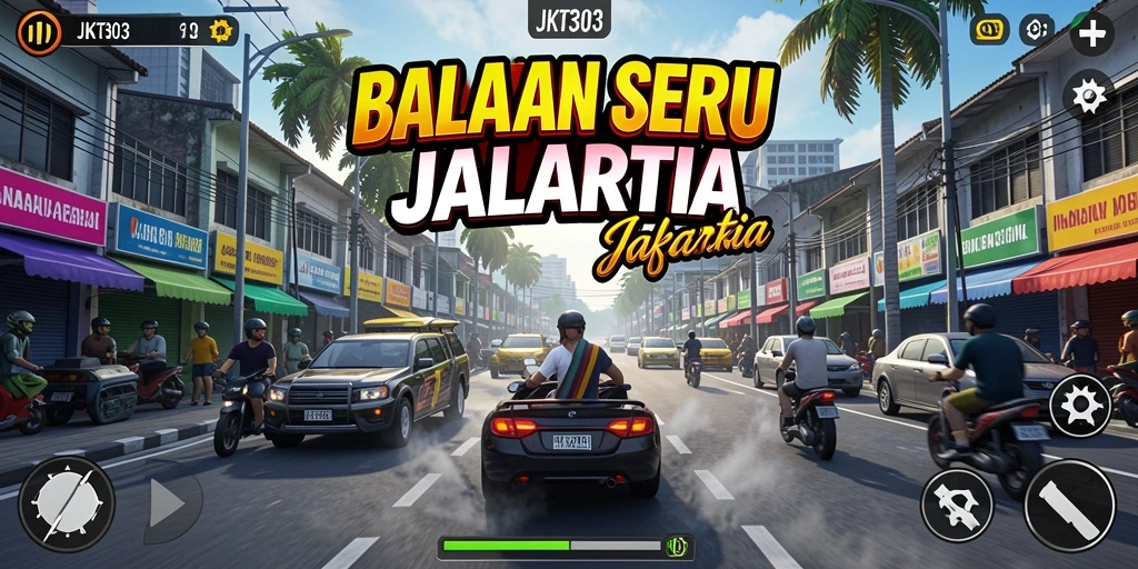 Gameplay JKT303 menampilkan balapan seru di jalanan Jakarta.