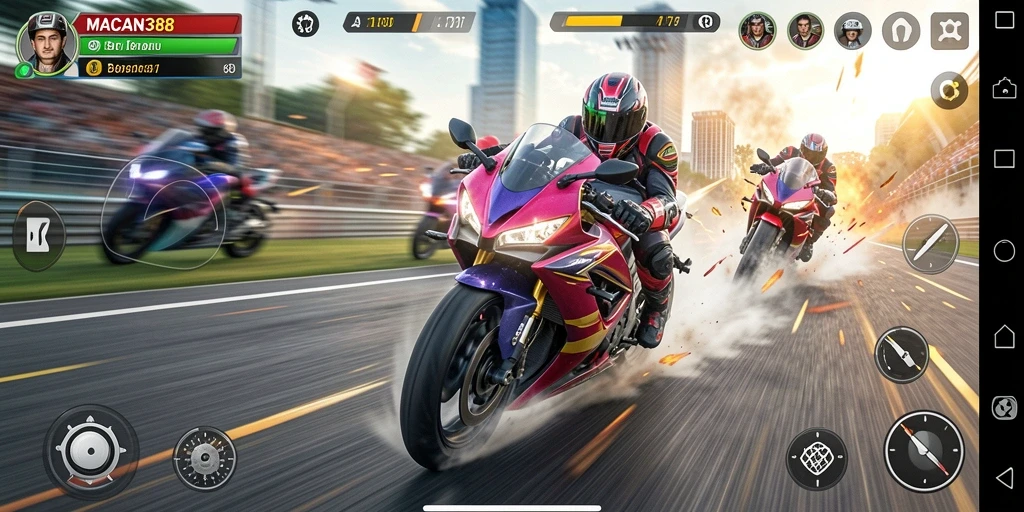 Screenshot gameplay <strong>MACAN388</strong> menampilkan balapan motor yang intens dan mendebarkan.