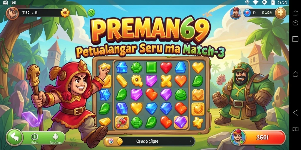 Tangkapan layar dari gameplay seru PREMAN69 yang menunjukkan elemen match-3.