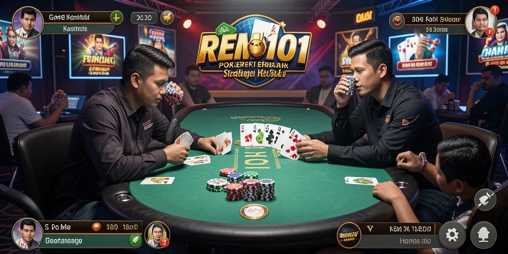 Screenshot gameplay REMI101 menampilkan suasana meja Poker yang mendebarkan.